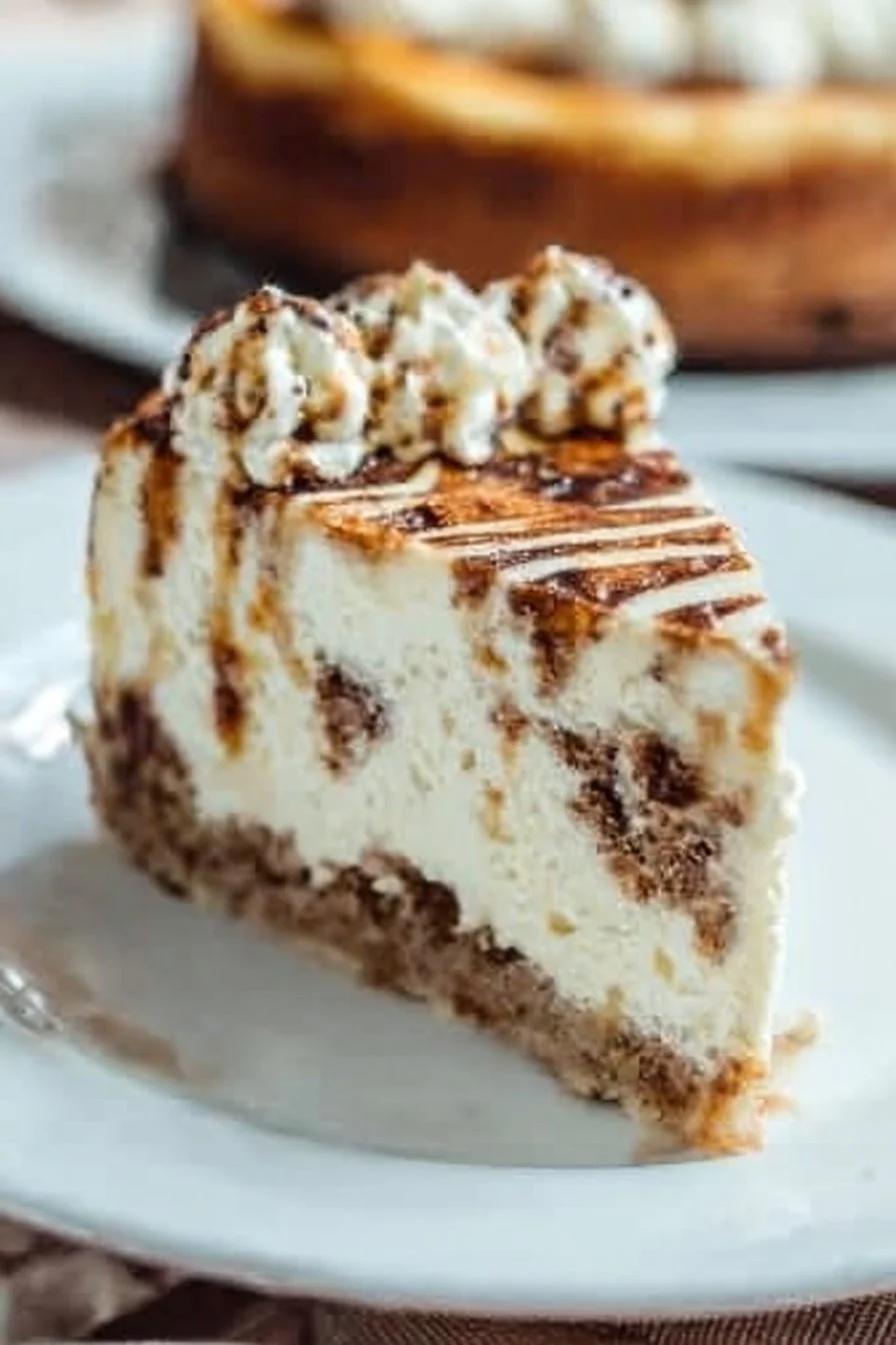 Delicious cinnamon roll cheesecake topped with cinnamon and cream cheese icing.