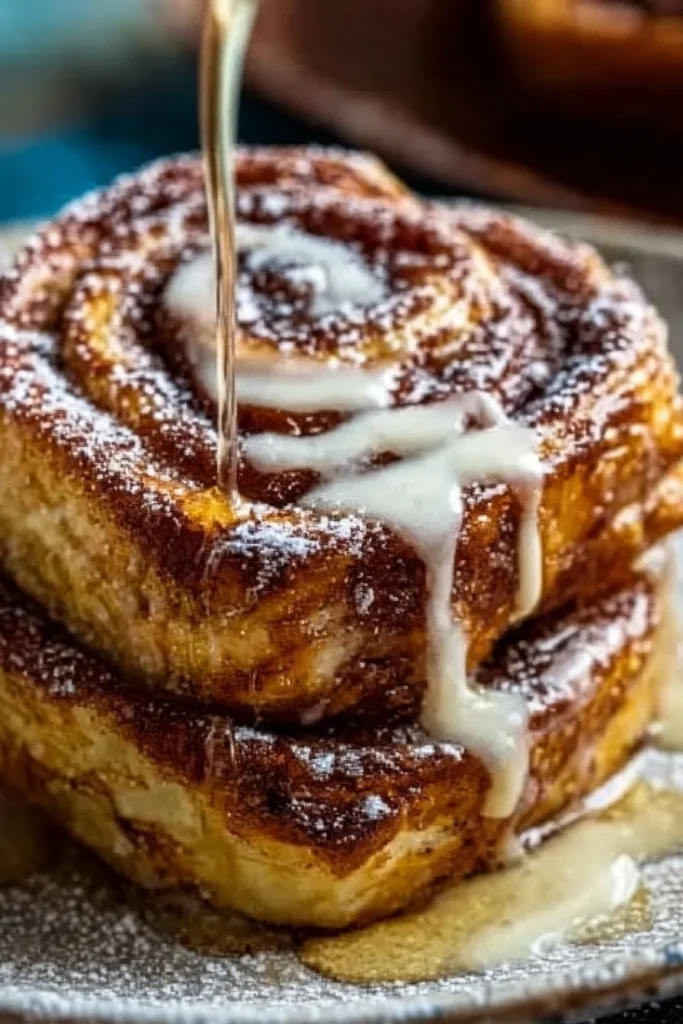 Delicious cinnamon roll French toast served with syrup and fresh berries