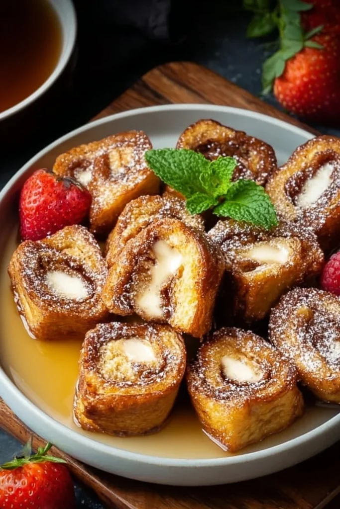 Cinnamon Roll French Toast Bites on a plate, drizzled with icing.