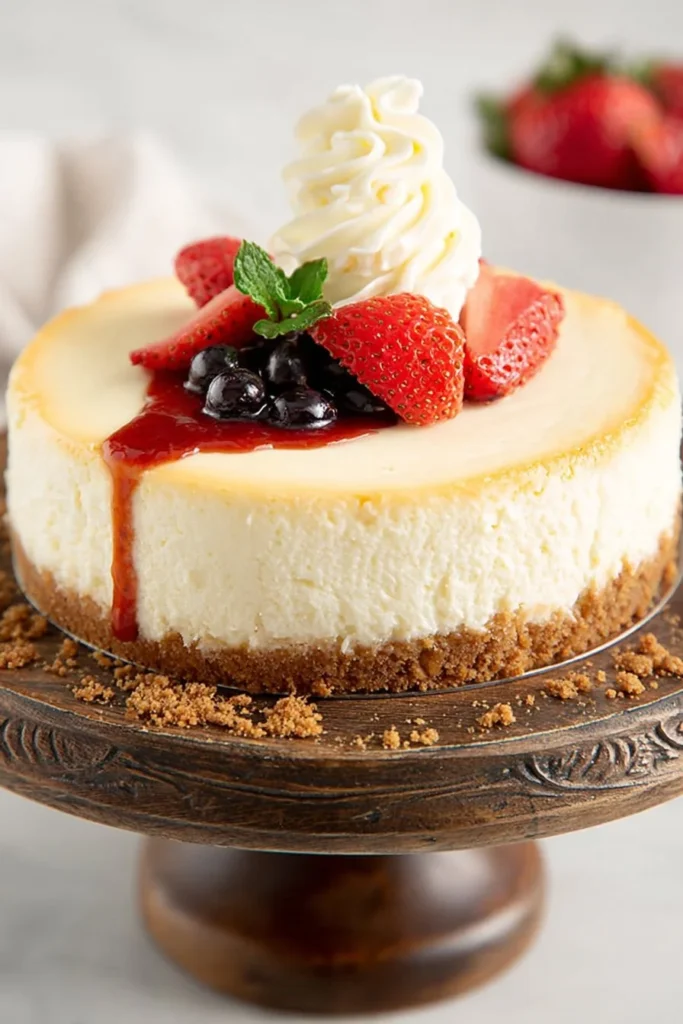 Delicious slice of classic cheesecake topped with fresh berries