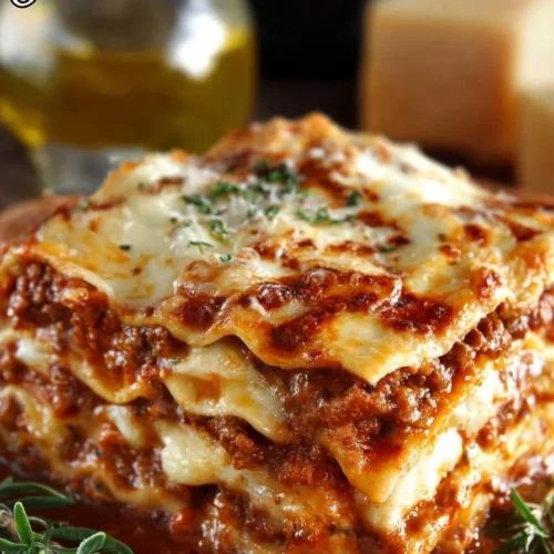 Layered classic lasagna with cheese and sauce on a plate