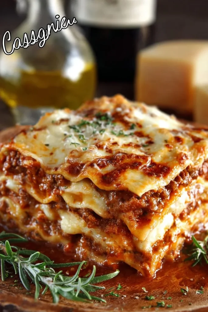 Layered classic lasagna with cheese and sauce on a plate