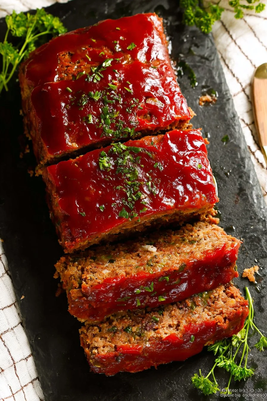 Delicious classic meatloaf served with mashed potatoes and green beans.