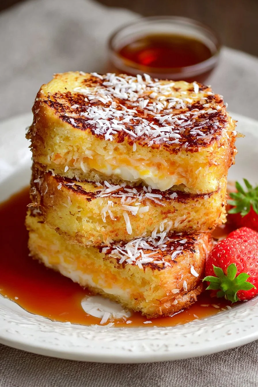 Delicious Coconut Stuffed French Toast served with syrup on a plate