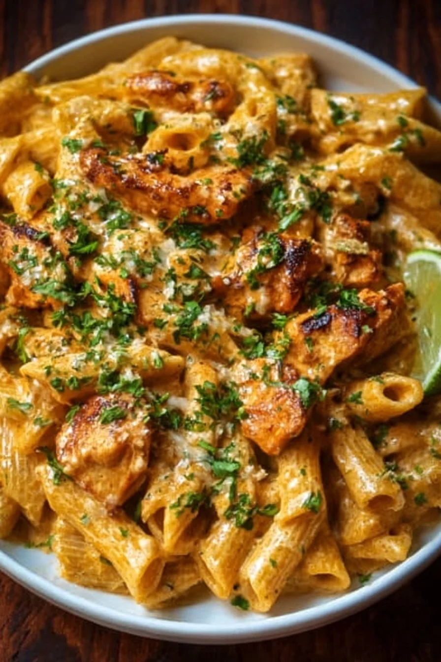 A delicious plate of Cowboy Butter Chicken Pasta garnished with herbs and spices.