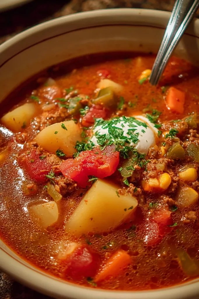 Delicious homemade Cowboy Soup filled with beans, meat, and vegetables