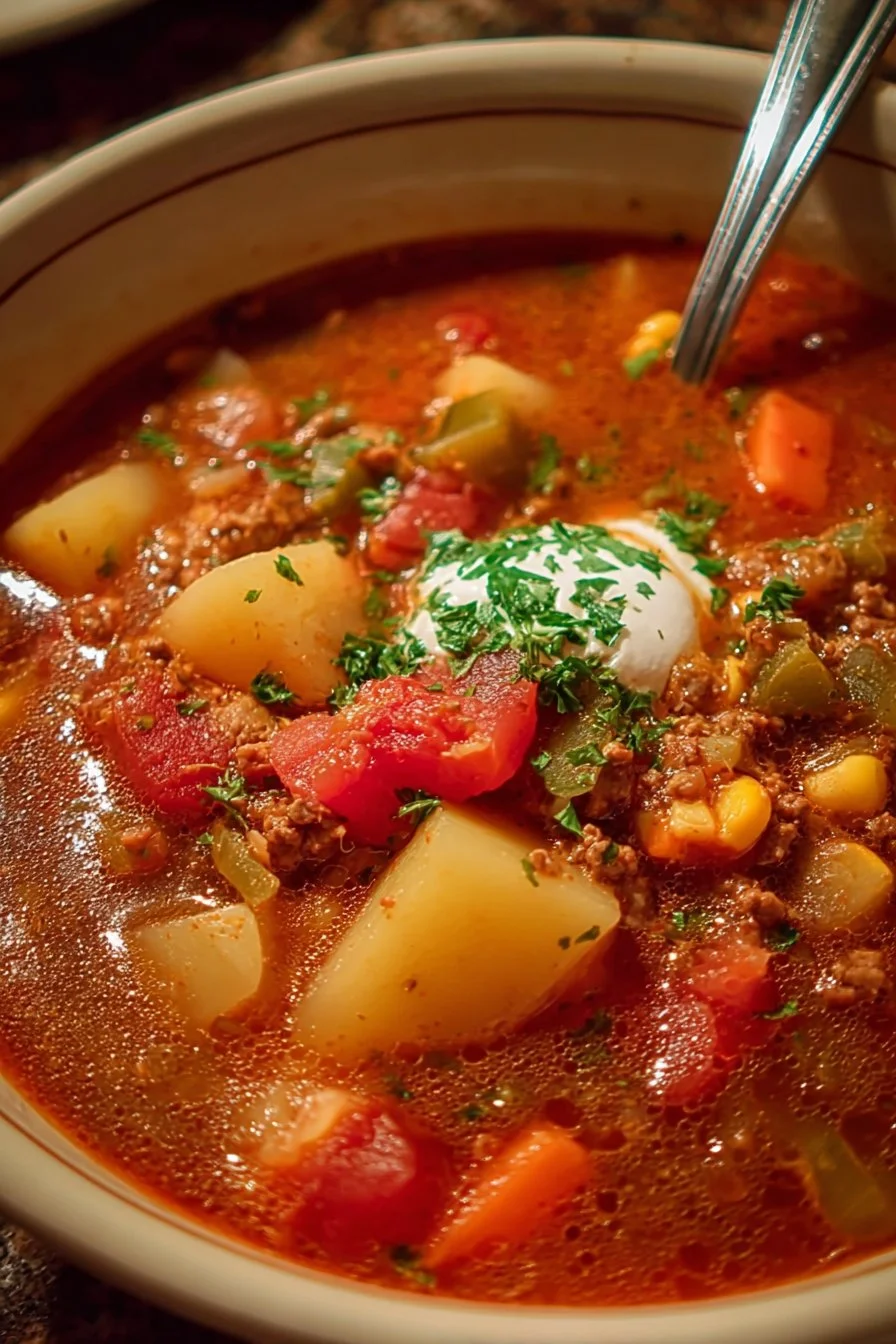 Delicious homemade Cowboy Soup filled with beans, meat, and vegetables