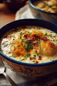 Bowl of delicious Crack Potato Soup garnished with chives