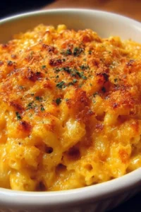Delicious creamy baked cheddar mac-and-cheese in a bowl