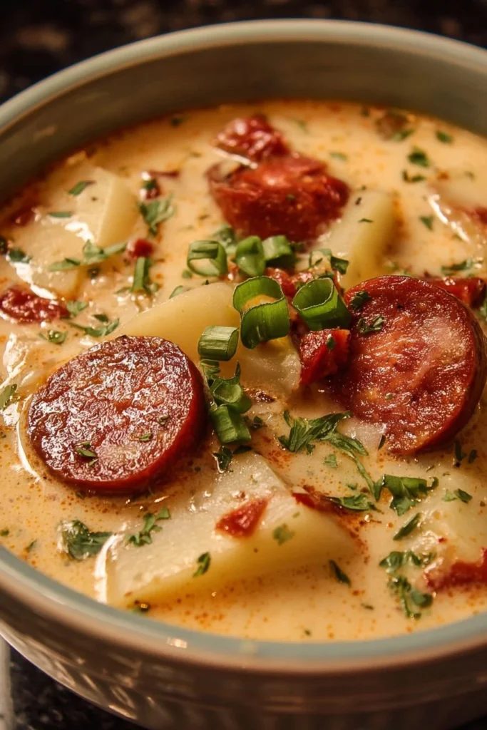 Bowl of creamy Cajun Potato Soup with Andouille sausage garnished with green onions.