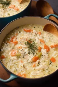 Creamy chicken rice soup in a bowl with herbs and spices