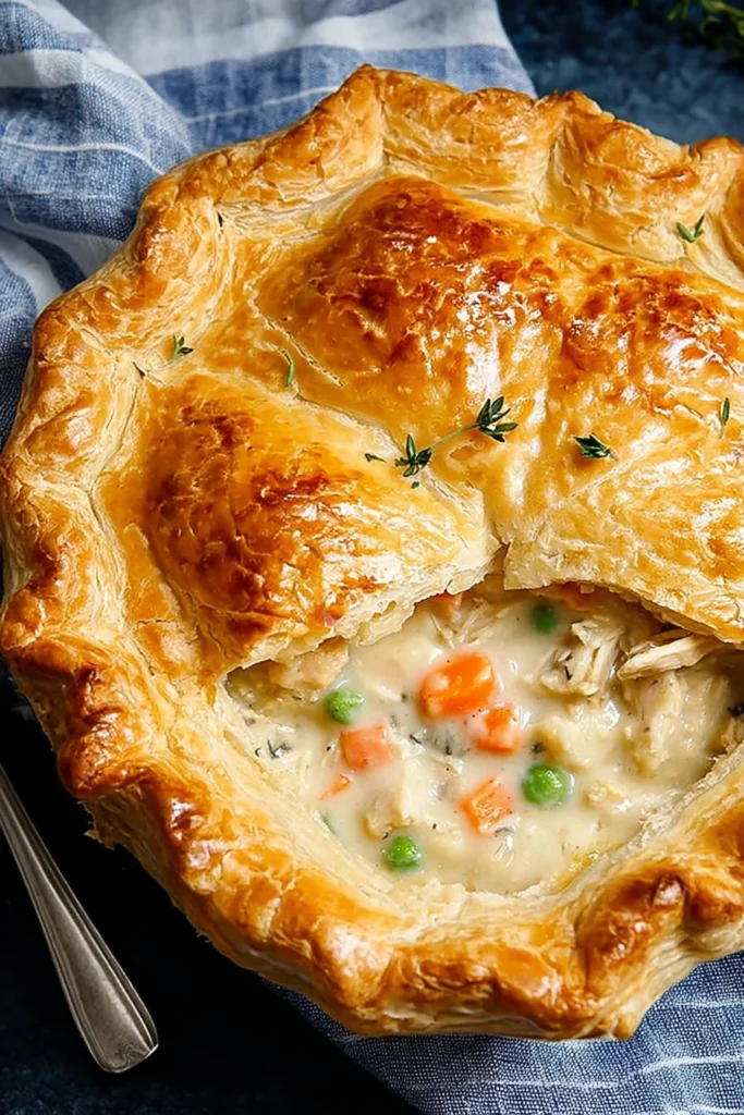 Homemade creamy chicken pot pie served in a rustic dish with vegetables.