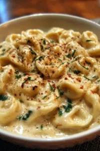 Creamy crockpot tortellini alfredo served in a bowl with parsley garnish.