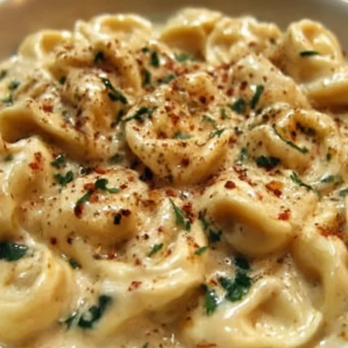 Creamy crockpot tortellini alfredo served in a bowl with parsley garnish.