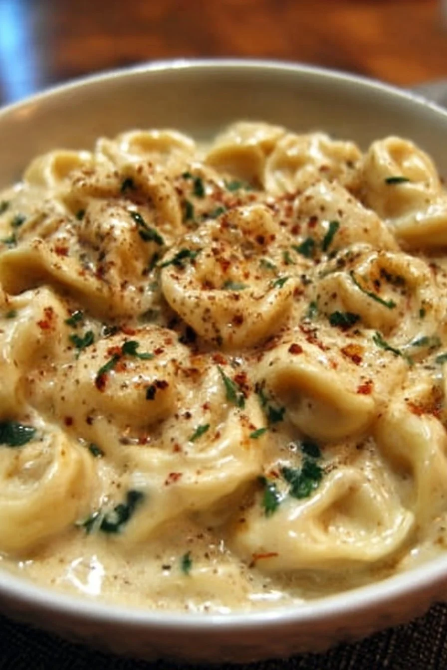 Creamy crockpot tortellini alfredo served in a bowl with parsley garnish.