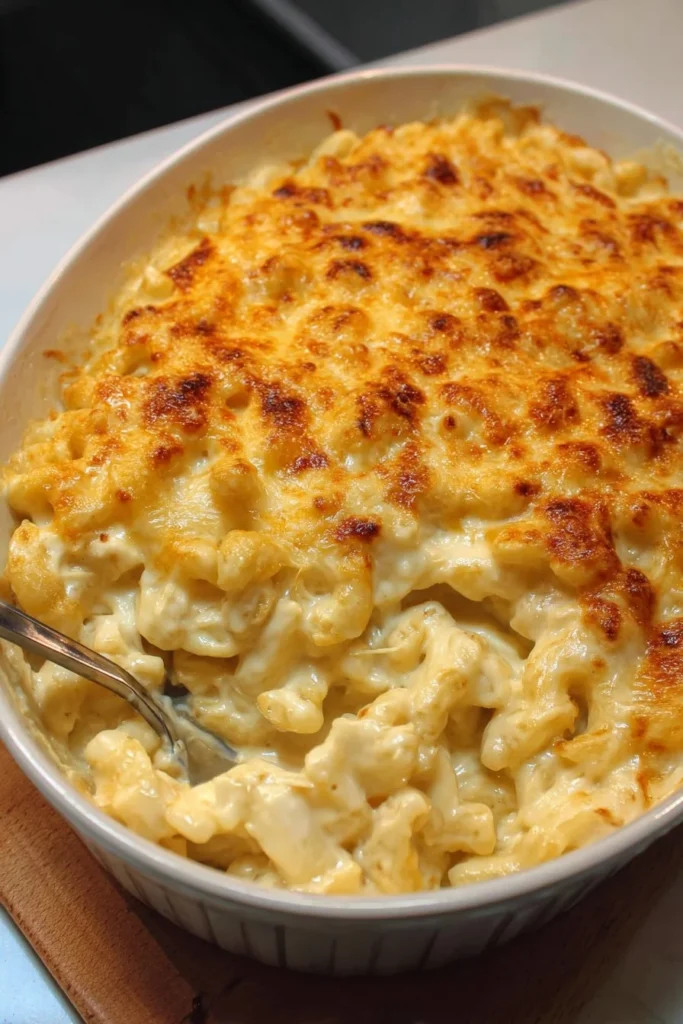 Bowl of creamy mac and cheese topped with breadcrumbs and herbs