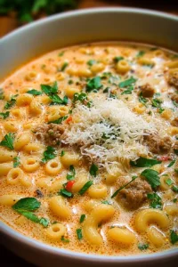 Creamy Parmesan Italian sausage ditalini soup in a bowl garnished with herbs