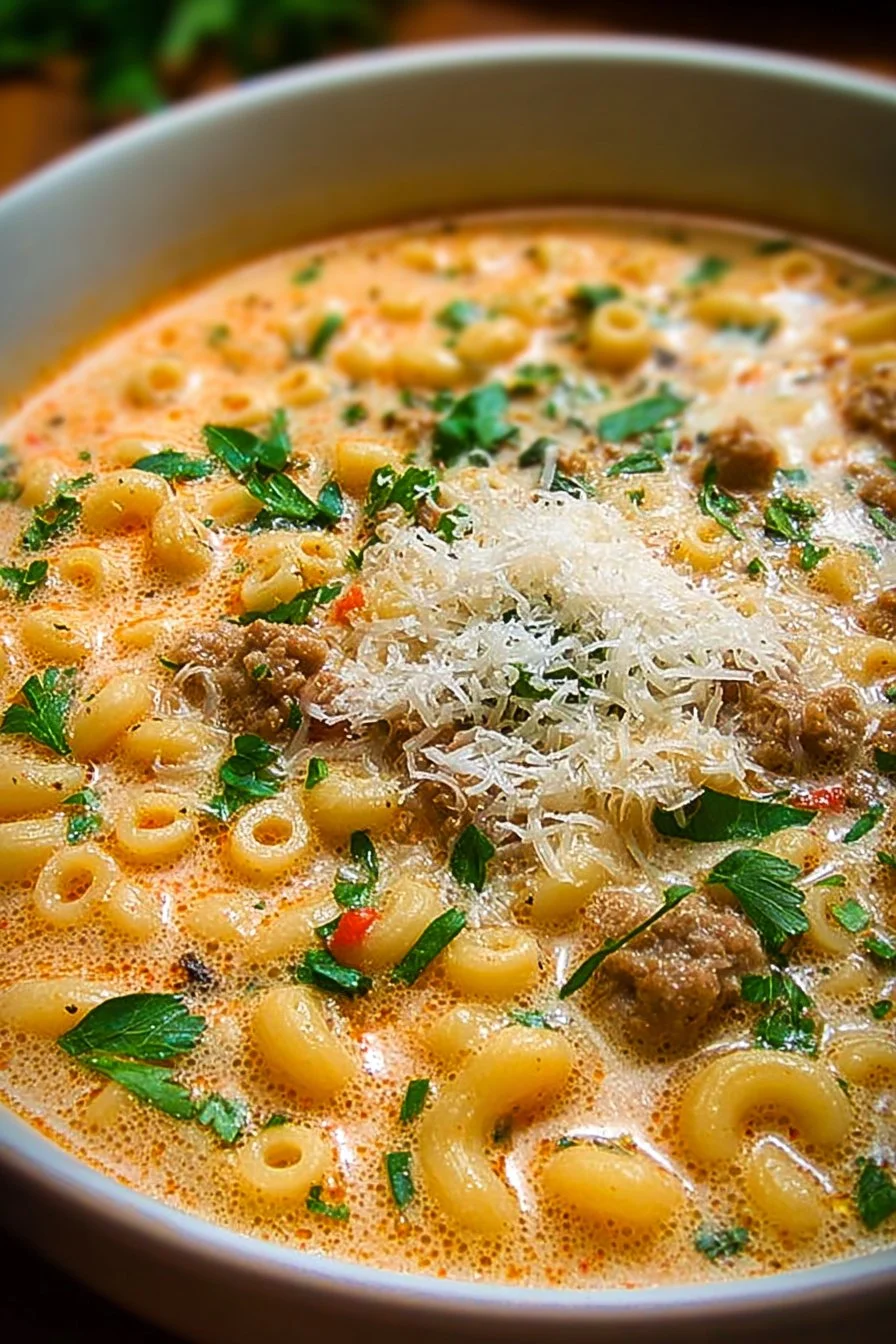 Creamy Parmesan Italian sausage ditalini soup in a bowl garnished with herbs