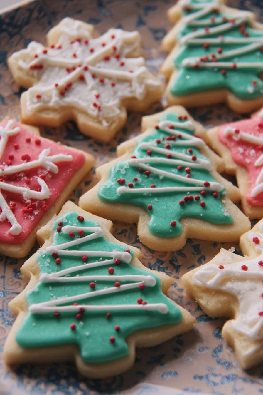 Delicious cutout sugar cookies displayed on a plate with colorful icing