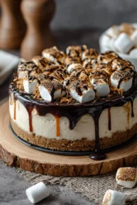 Decadent S'mores Cheesecake topped with chocolate and marshmallows