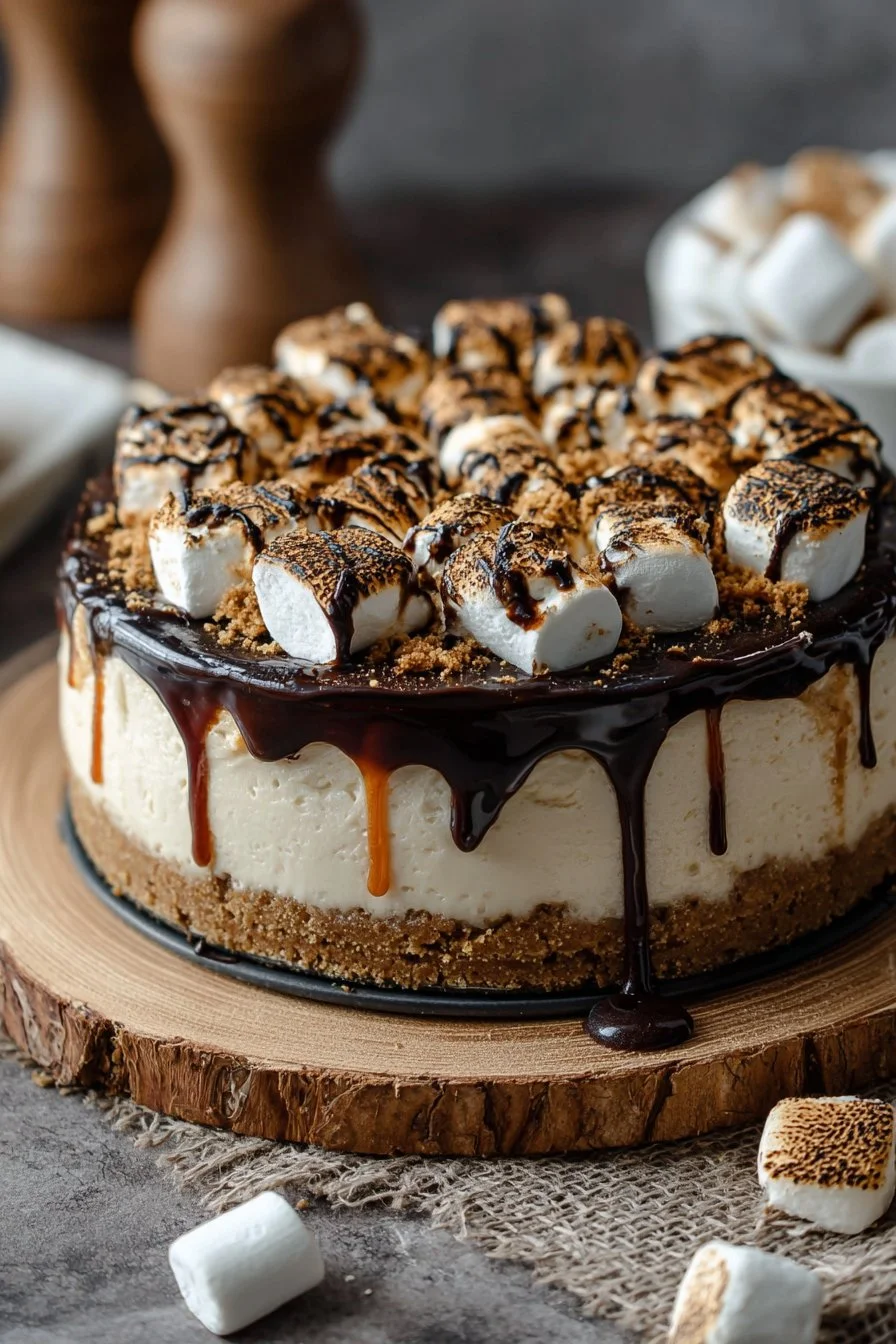Decadent S'mores Cheesecake topped with chocolate and marshmallows