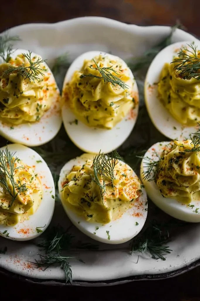 Plate of dill pickle deviled eggs garnished with dill and paprika