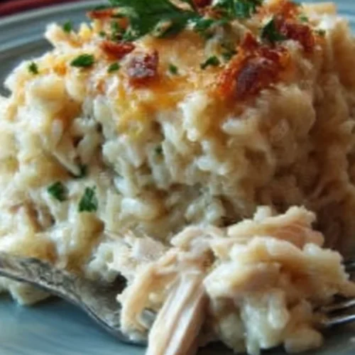 Delicious Dump-and-Bake Chicken Alfredo Rice Casserole in a baking dish
