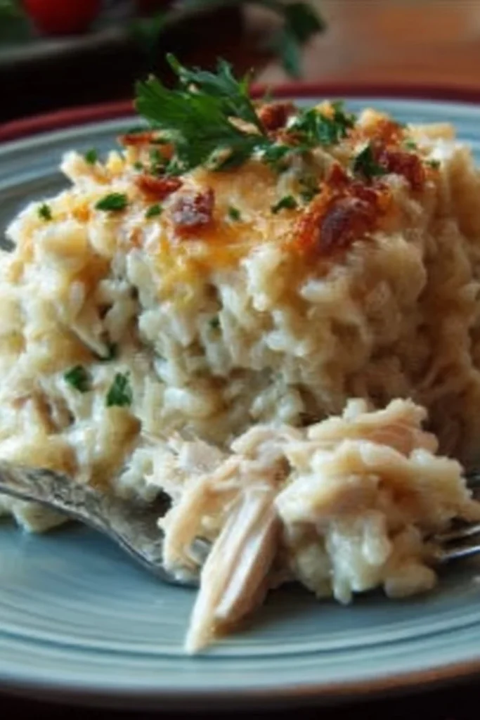 Delicious Dump-and-Bake Chicken Alfredo Rice Casserole in a baking dish