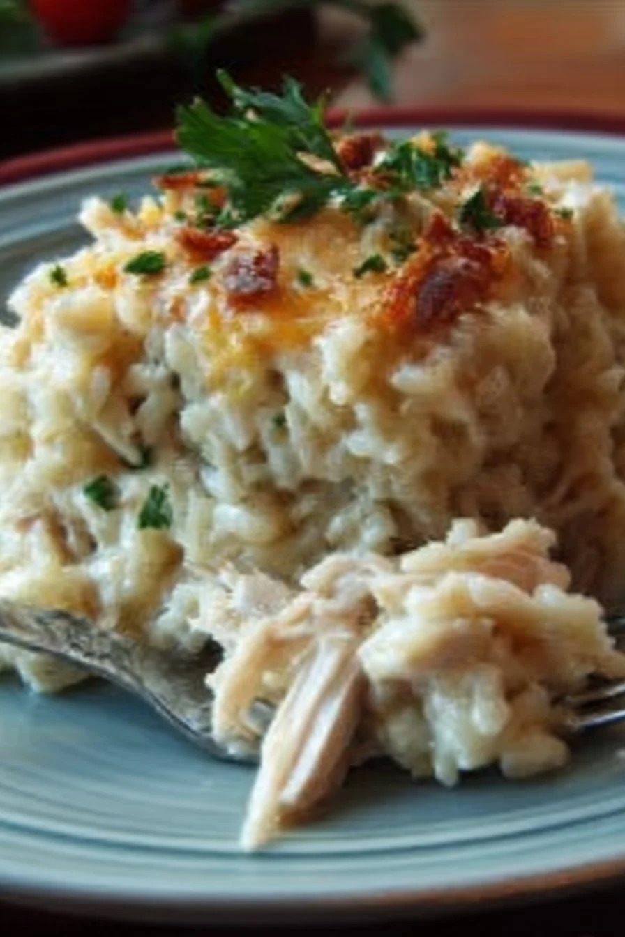 Delicious Dump-and-Bake Chicken Alfredo Rice Casserole in a baking dish