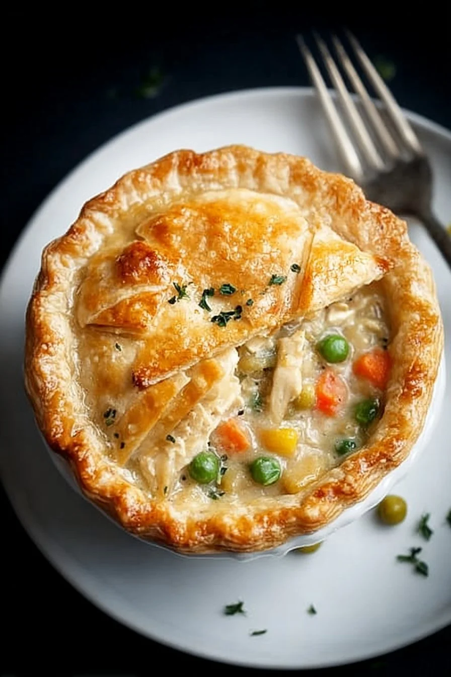 Delicious easy chicken pot pie with a flaky crust and savory filling.