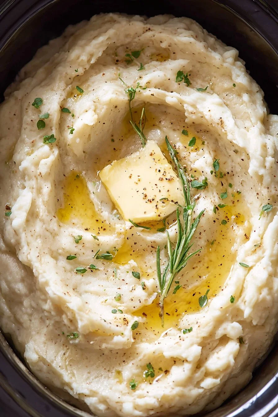 Bowl of creamy easy crockpot mashed potatoes garnished with herbs