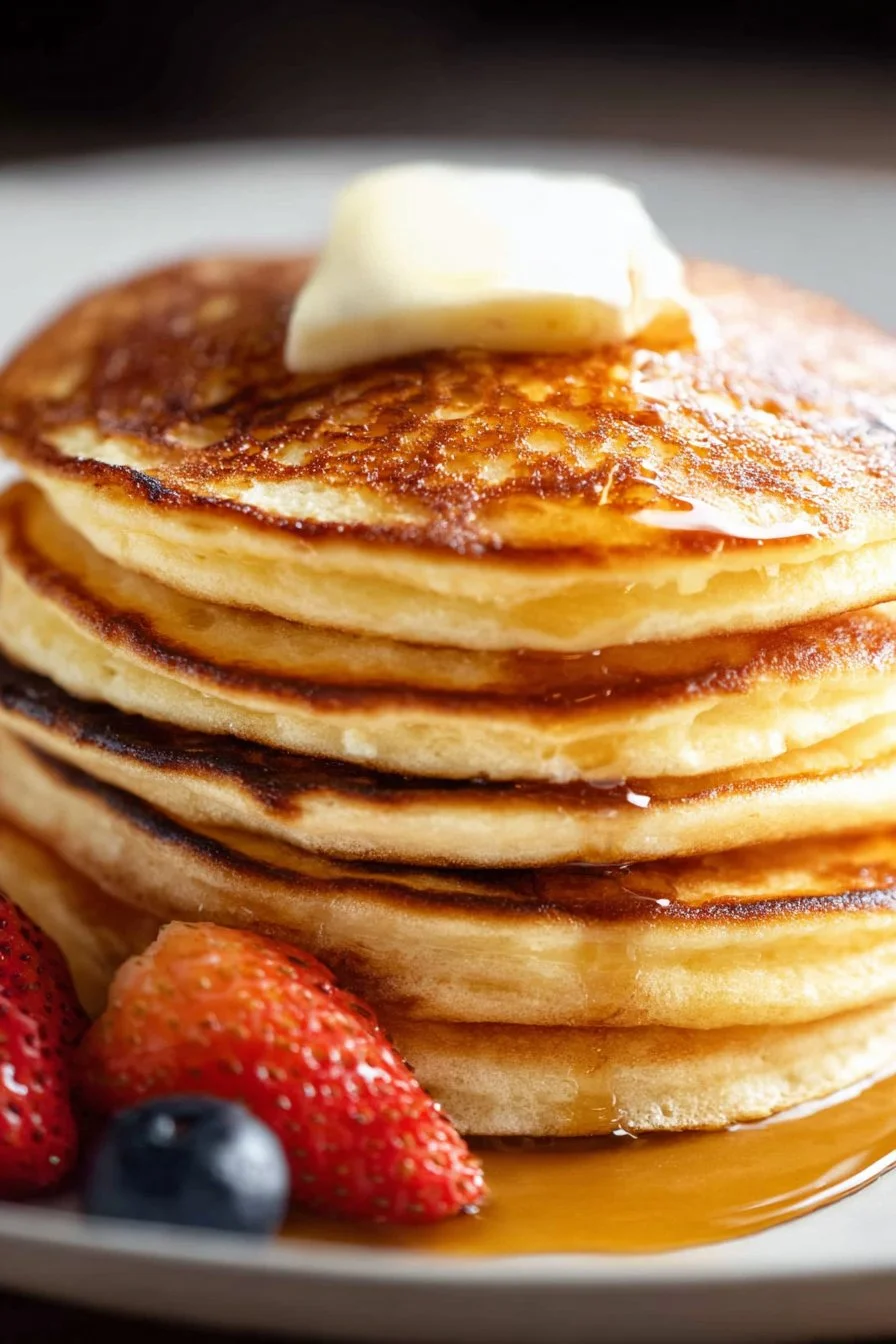 Fluffy low carb keto pancakes stacked with syrup and berries