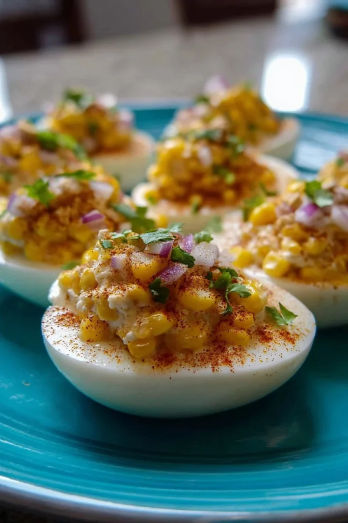 Plate of elote deviled eggs garnished with corn and spices
