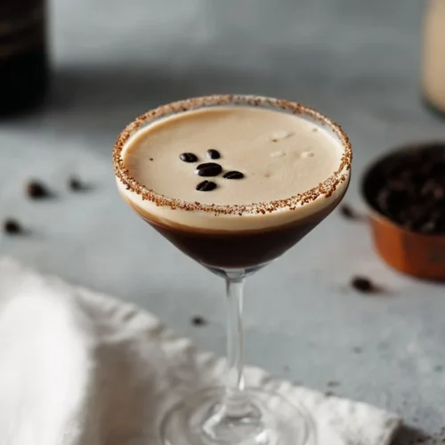 Espresso Martini cocktail with Baileys ingredients on a wooden bar.
