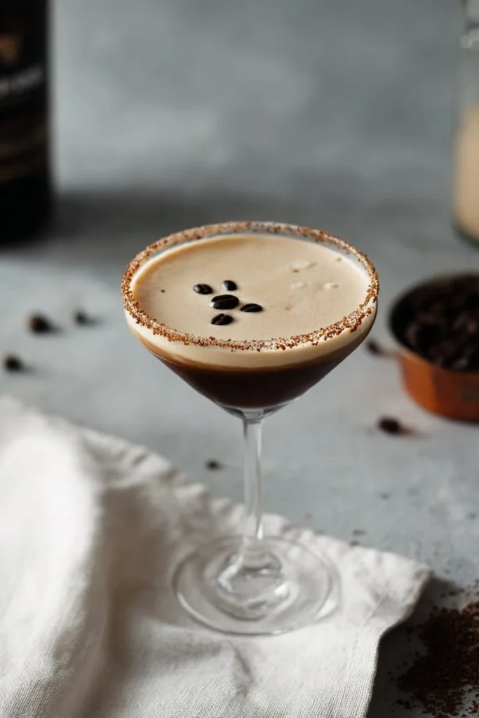 Espresso Martini cocktail with Baileys ingredients on a wooden bar.