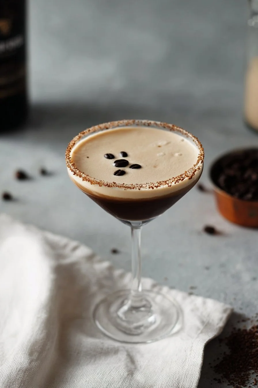 Espresso Martini cocktail with Baileys ingredients on a wooden bar.