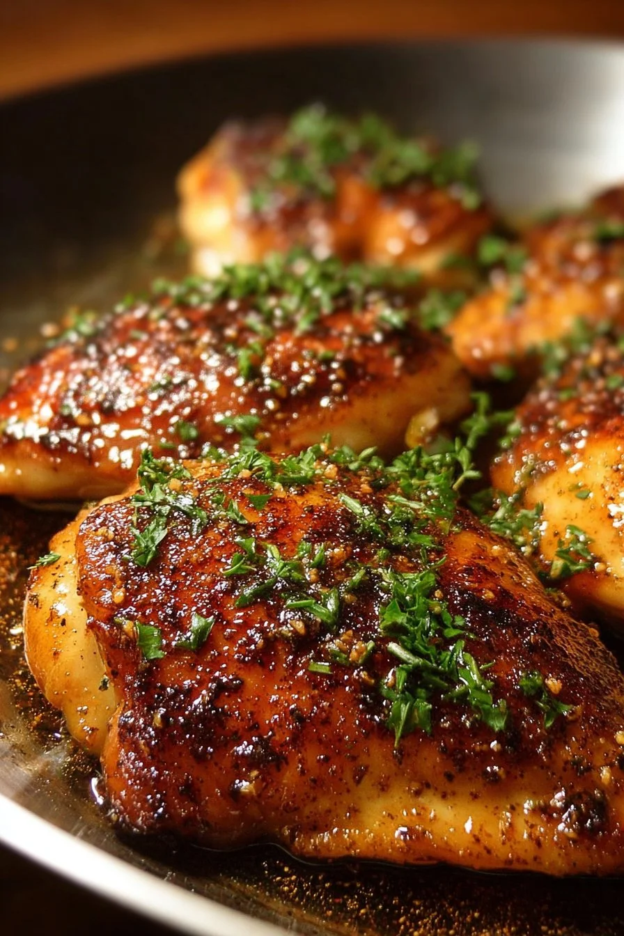Garlic Brown Sugar Chicken served on a plate garnished with herbs