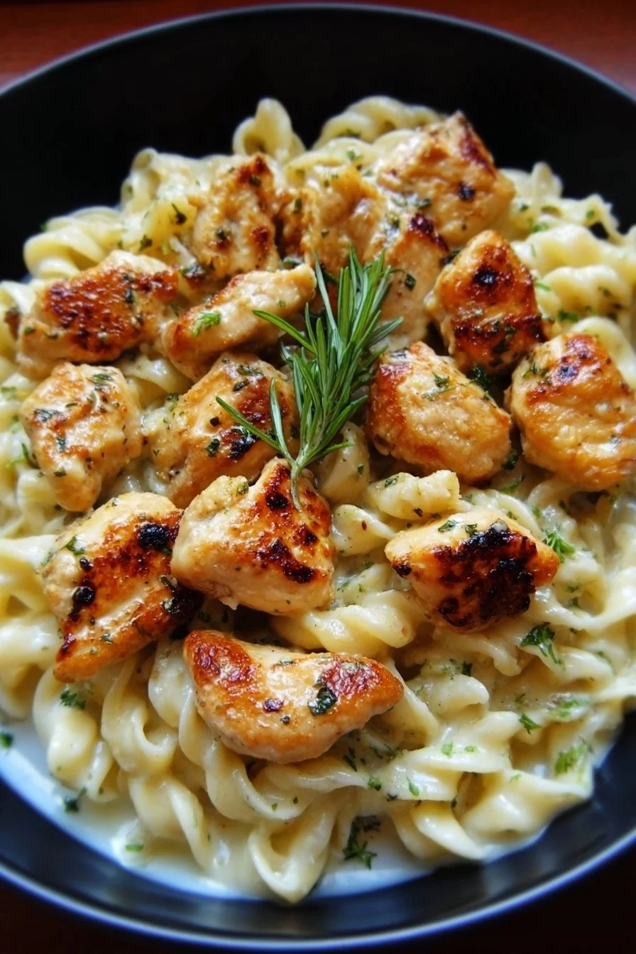 Garlic butter chicken bites with creamy Parmesan pasta served on a plate