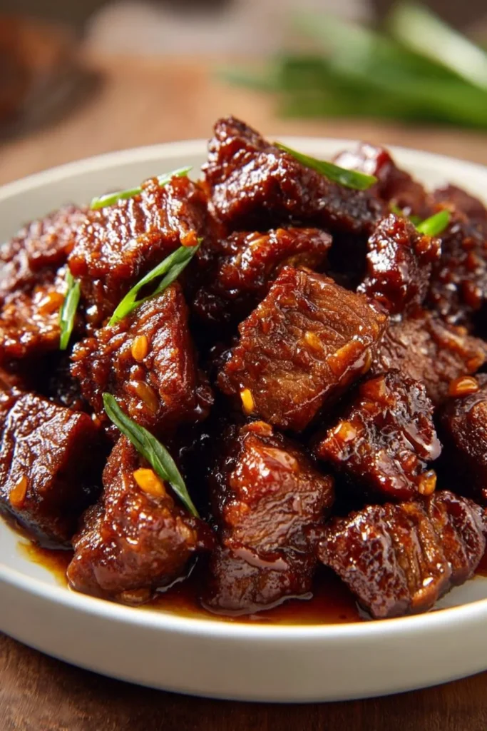 Delicious glazed sticky beef bites garnished with sesame seeds and herbs