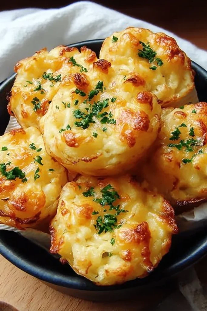 Golden cheesy mashed potato puffs served on a platter