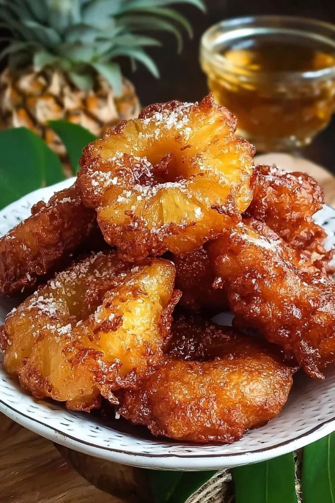 Deliciously golden pineapple fritters served with a tropical twist