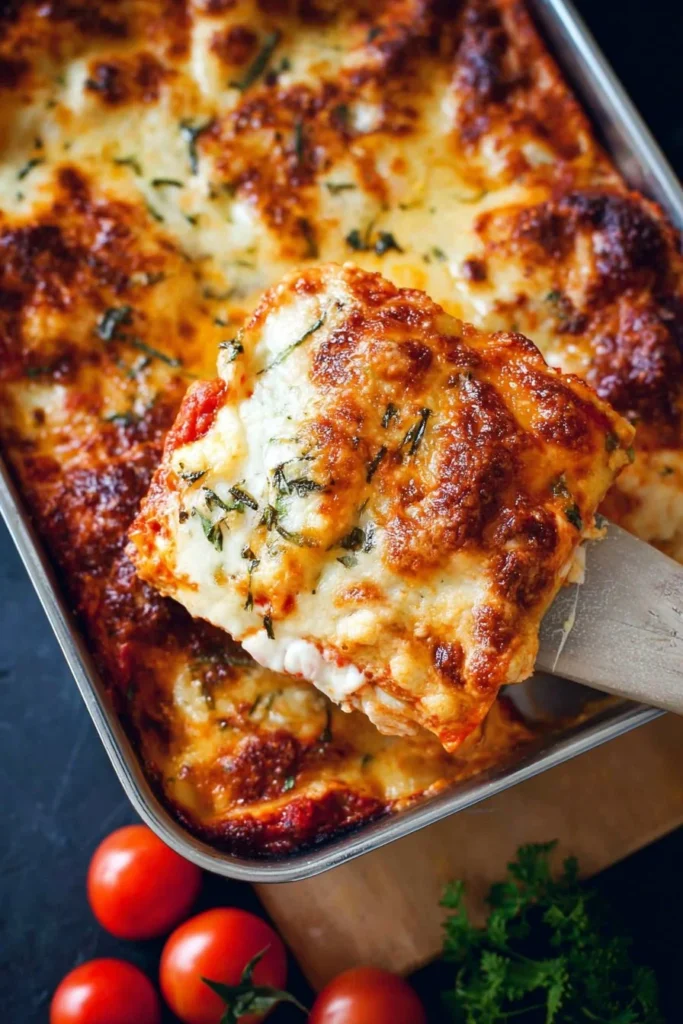 Delicious homemade lasagna layered with cheese and sauce
