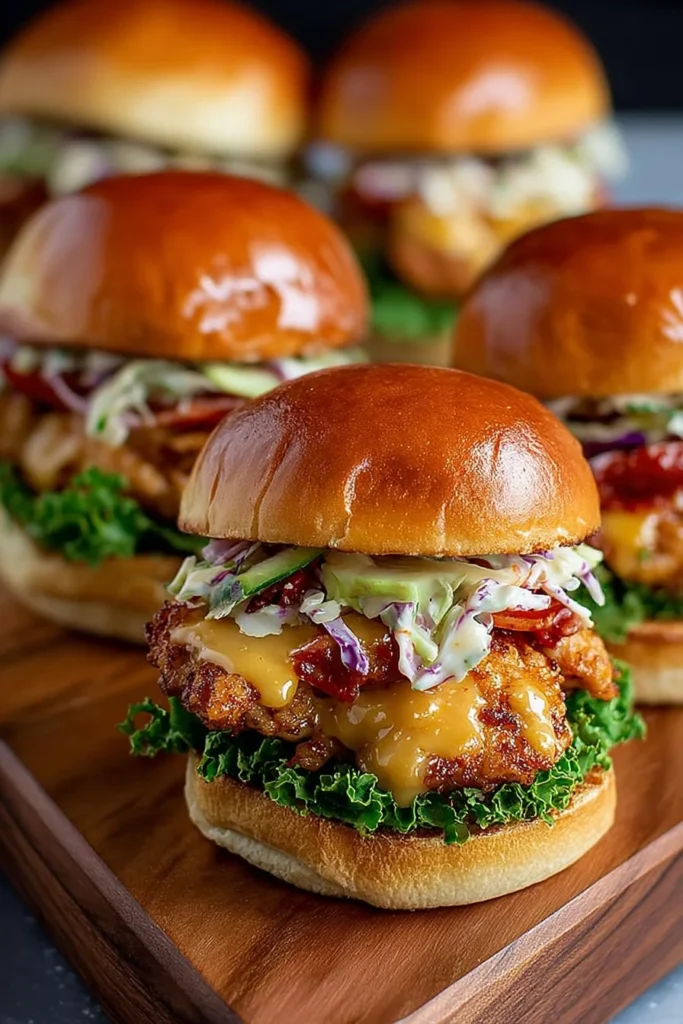 Honey Mustard Chicken Sliders served on rustic wooden platter