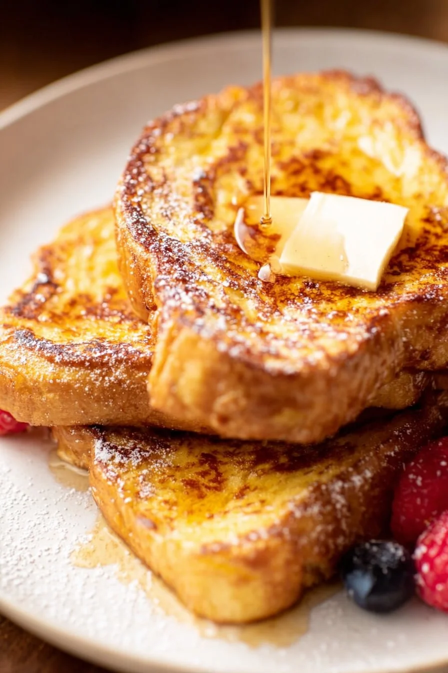Delicious homemade French toast served with maple syrup and berries