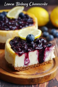 Slice of lemon blueberry cheesecake topped with fresh blueberries