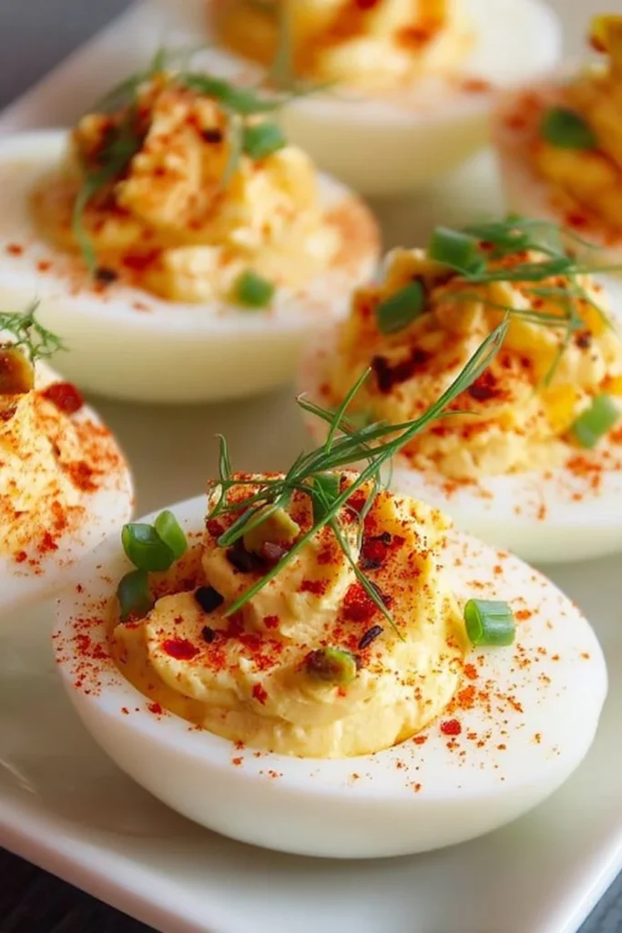 Delicious loaded deviled eggs garnished with spices and toppings.