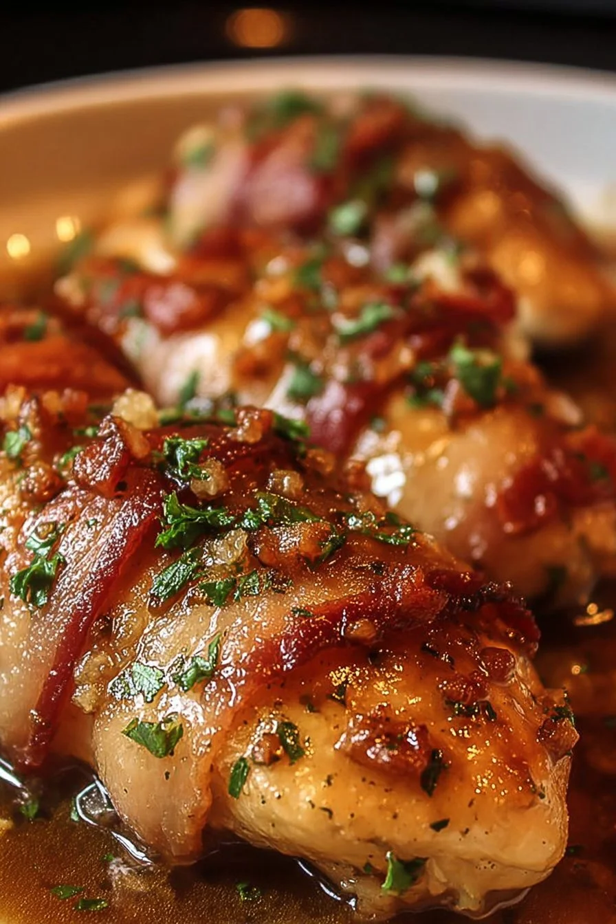 Maple Garlic Bacon Chicken served on a plate with herbs and spices