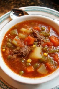 Bowl of mom's old-fashioned vegetable beef soup with fresh vegetables and beef.