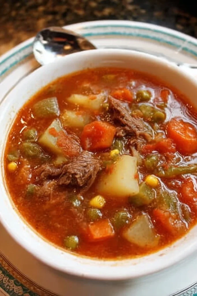 Bowl of mom's old-fashioned vegetable beef soup with fresh vegetables and beef.