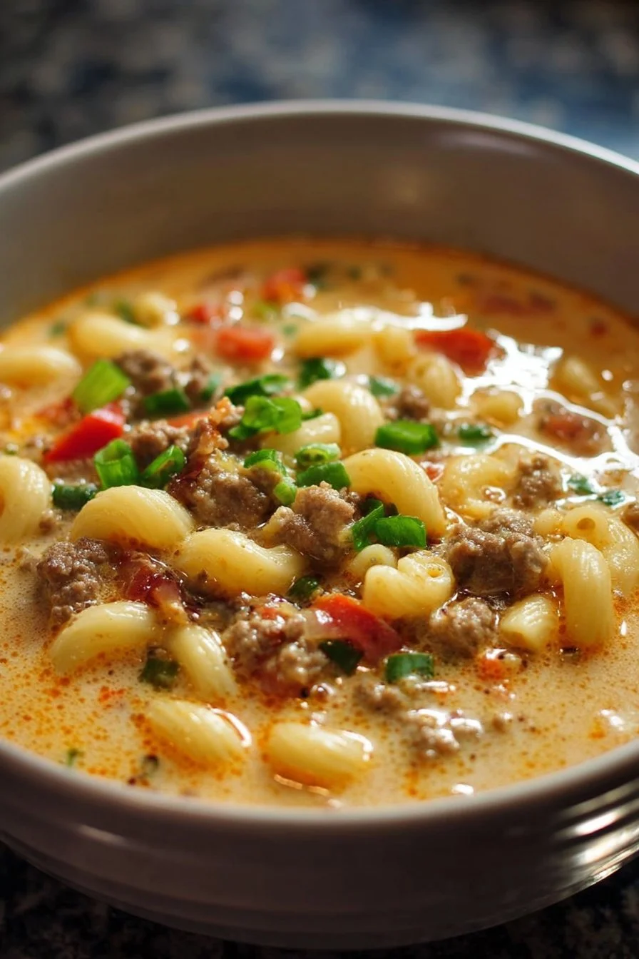 One-pot cheeseburger macaroni soup with cheese and ground beef